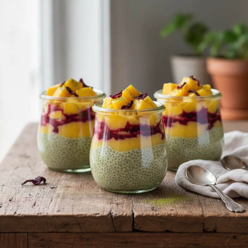 Mango Matcha Chia Pudding Parfaits with Hibiscus Swirl