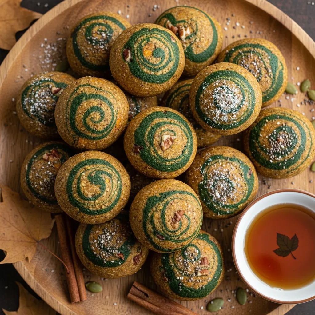 Maple-Baked Gingerbread Pumpkin Energy Bites with Spirulina Swirl