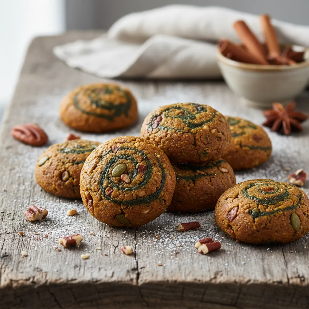 Maple-Baked Gingerbread Pumpkin Energy Bites with Spirulina Swirl