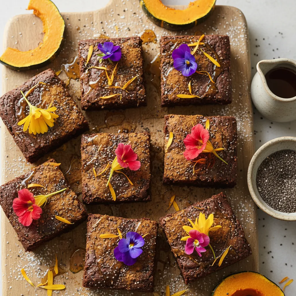 Maple-Cinnamon Chia Squash Brownies with Edible Flower Garnish