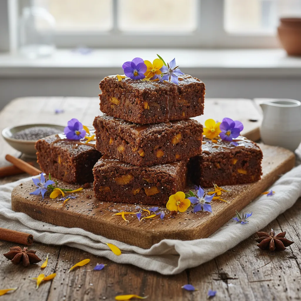 Maple-Cinnamon Chia Squash Brownies with Edible Flower Garnish