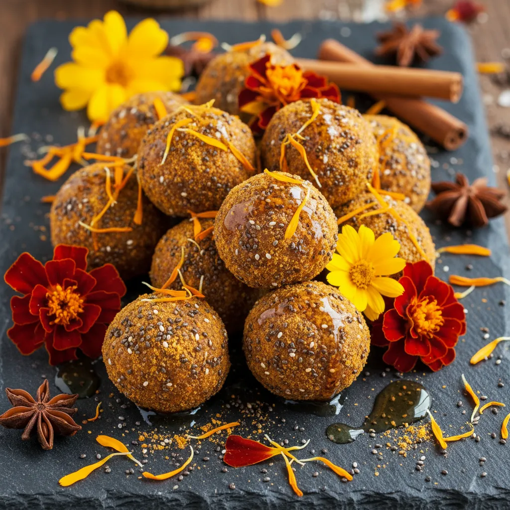 Maple-Dusted Pumpkin Spice Chia Energy Bites with Edible Marigold