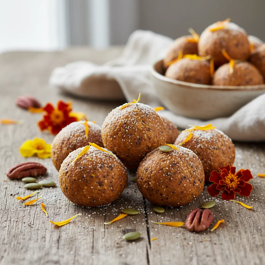 Maple-Dusted Pumpkin Spice Chia Energy Bites with Edible Marigold