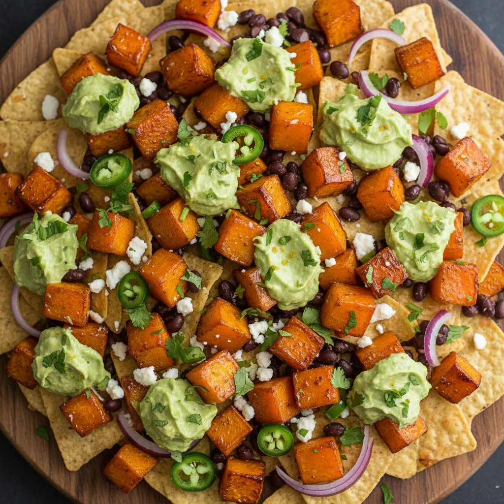 Maple-Glazed Butternut Squash Nachos with Avocado Lime Drizzle