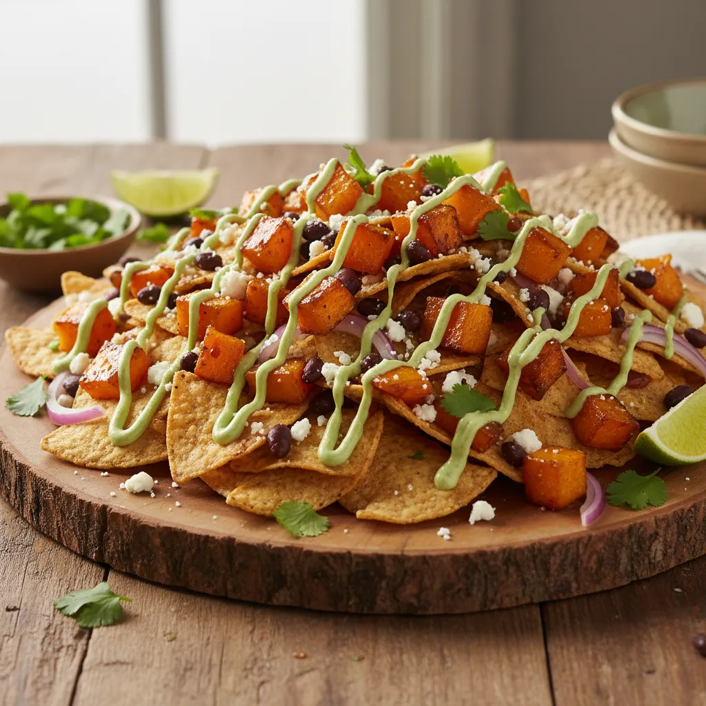 Maple-Glazed Butternut Squash Nachos with Avocado Lime Drizzle
