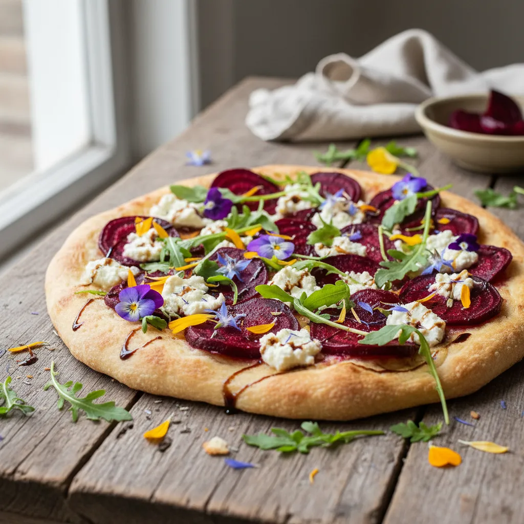 Maple-Roasted Beet and Chèvre Flatbread with Edible Flowers
