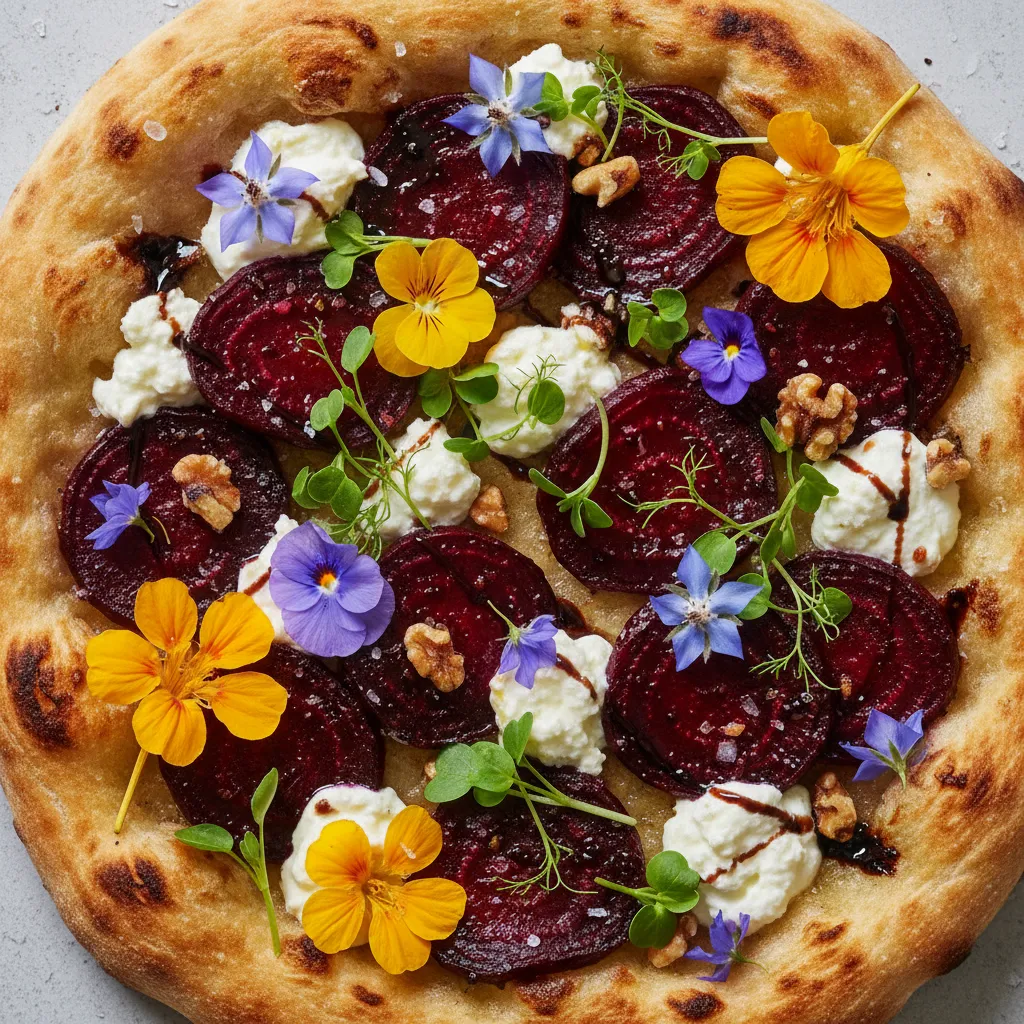 Maple-Roasted Beet and Chèvre Flatbread with Edible Flowers