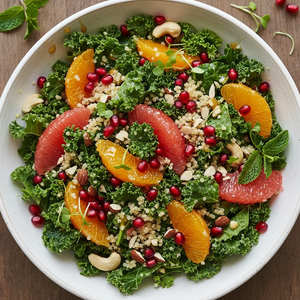 Maple Citrus Kale and Quinoa Salad with Pomegranate Seeds