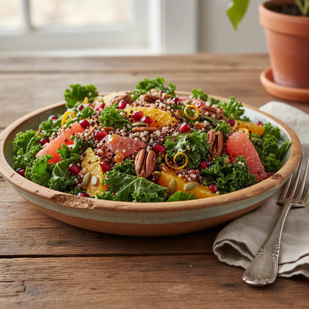 Maple Citrus Kale and Quinoa Salad with Pomegranate Seeds
