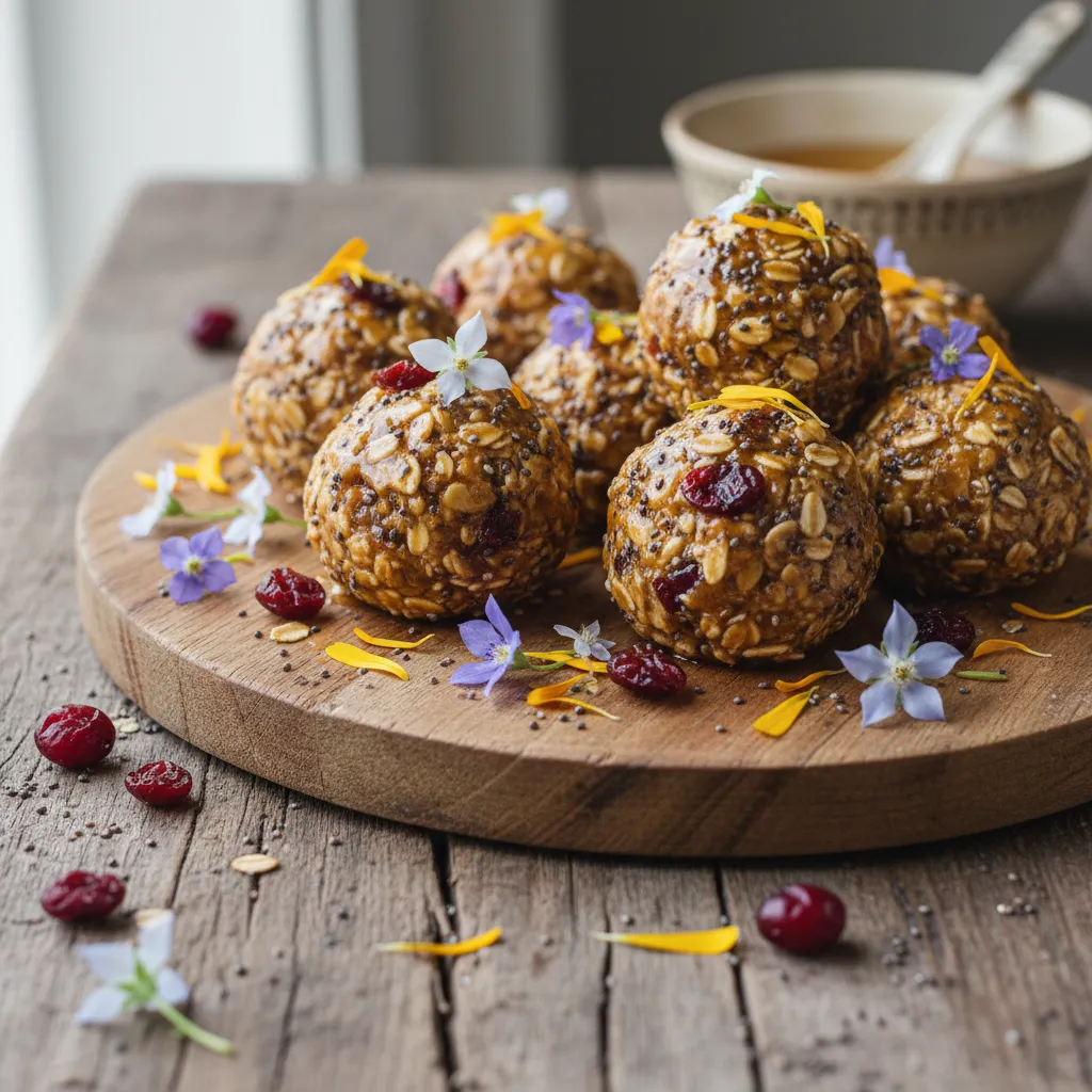 Maple Cranberry Chia Bliss Bites with Edible Flower Dressing