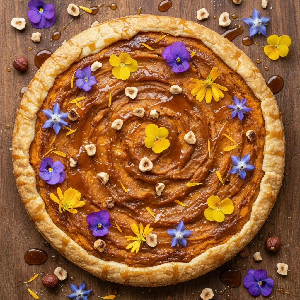 Maple Glazed Sweet Potato and Hazelnut Tart with Edible Flowers