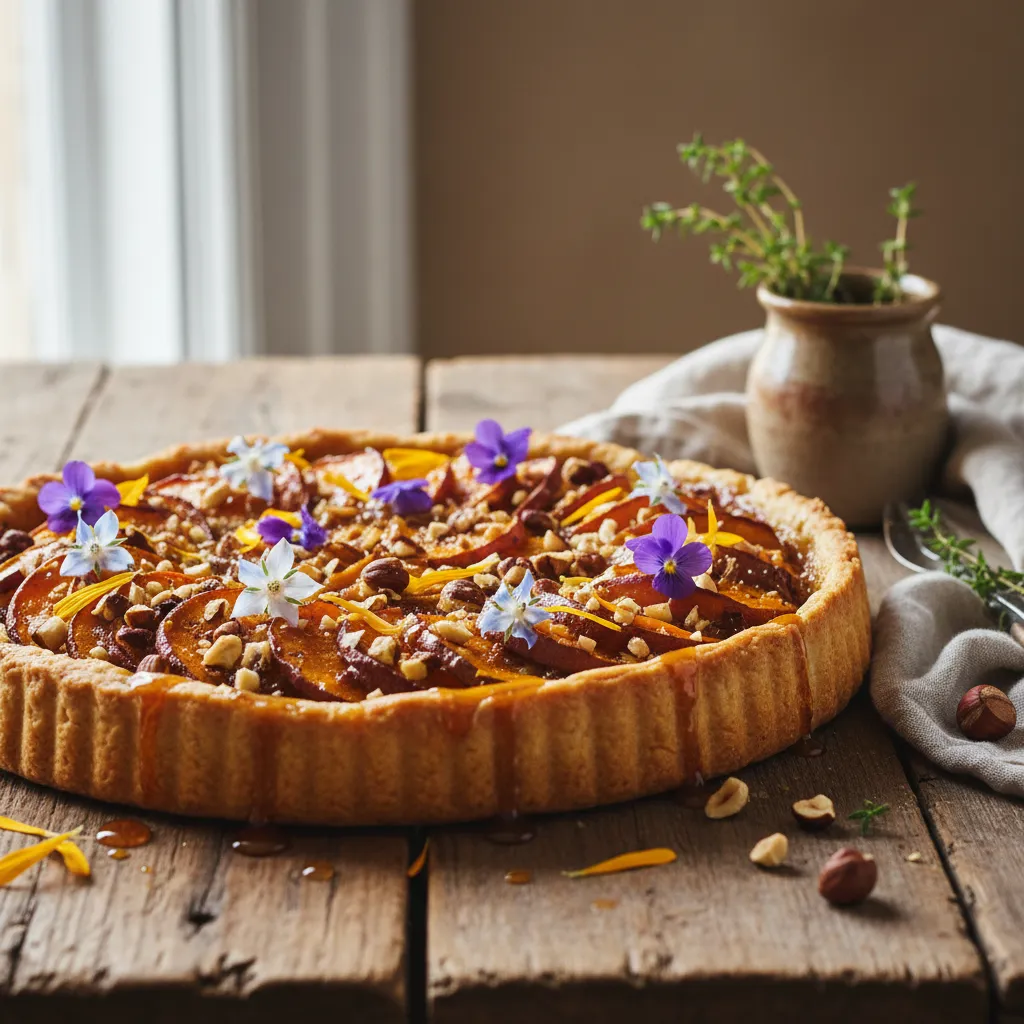 Maple Glazed Sweet Potato and Hazelnut Tart with Edible Flowers