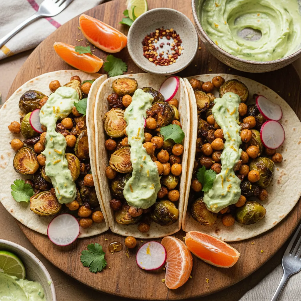 Maple Roasted Brussels Sprouts and Chickpea Tacos with Avocado Citrus Cream