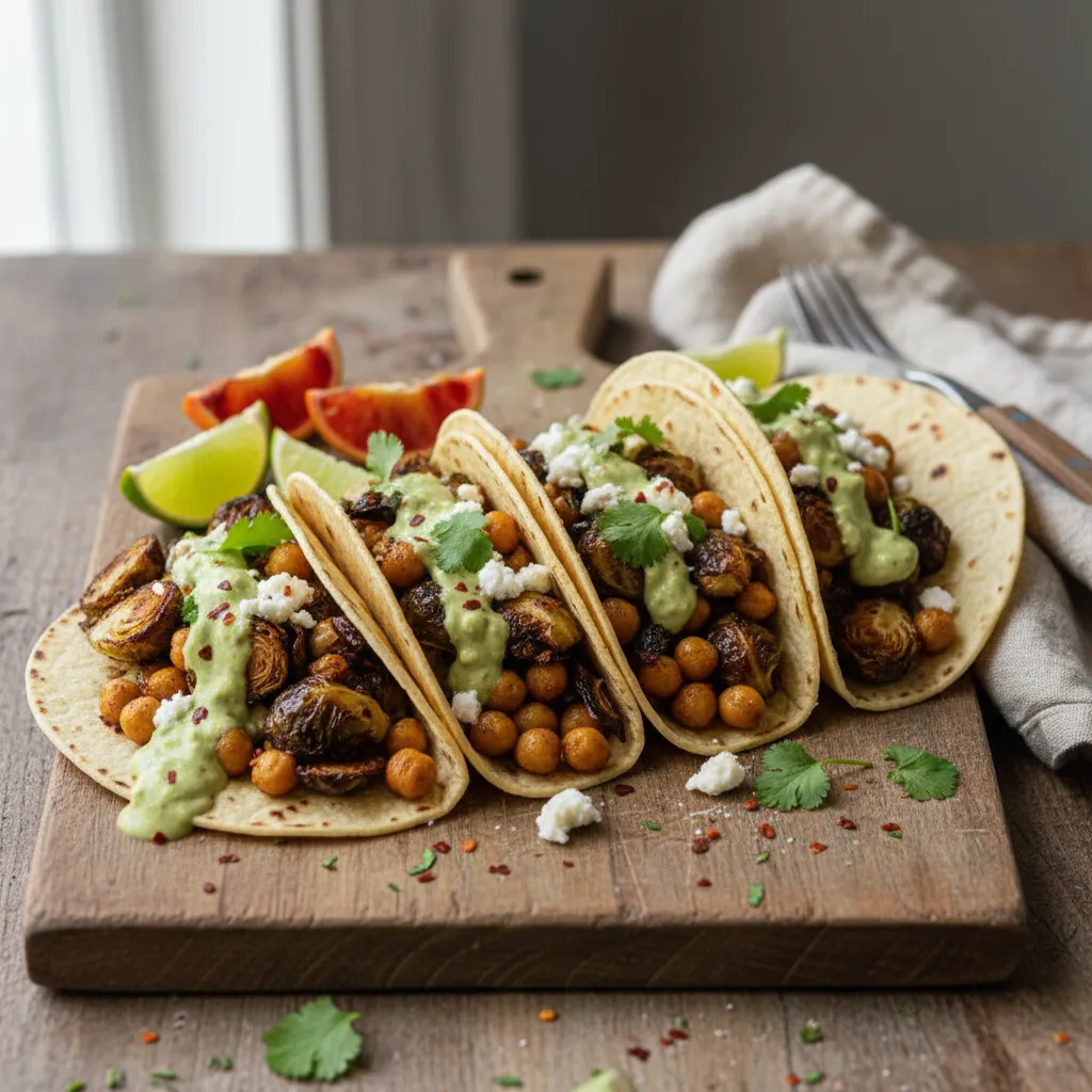 Maple Roasted Brussels Sprouts and Chickpea Tacos with Avocado Citrus Cream