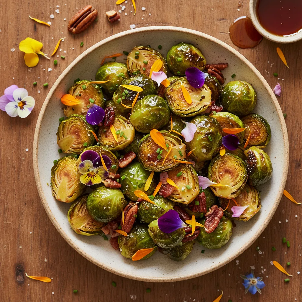 Maple Roasted Brussels Sprouts with Edible Flower Garnish