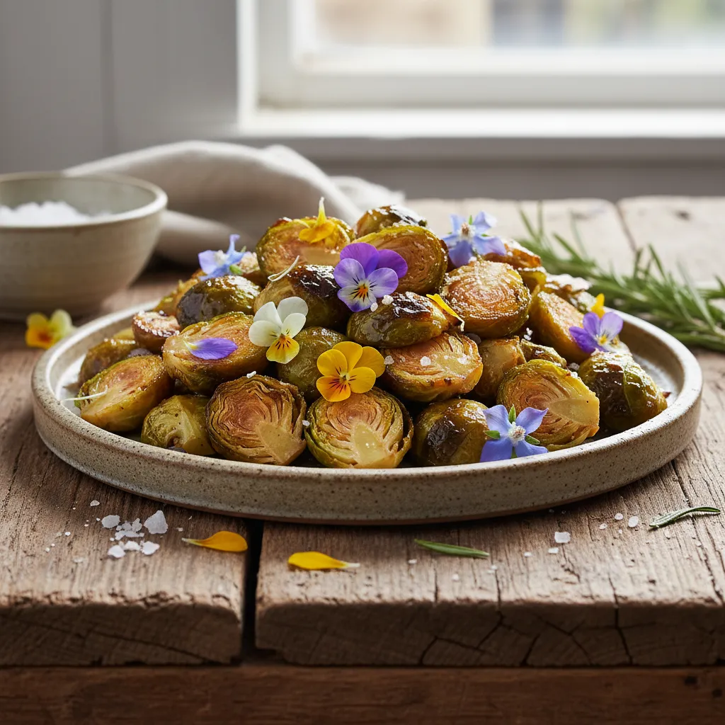 Maple Roasted Brussels Sprouts with Edible Flower Garnish