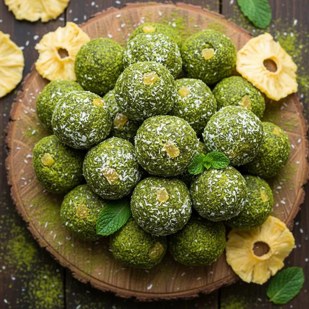 Matcha-Infused Pineapple Coconut Bliss Balls