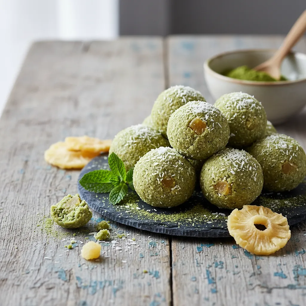 Matcha-Infused Pineapple Coconut Bliss Balls
