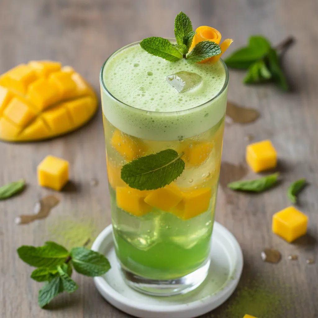 Matcha-Mango Green Tea Spritzer with Fresh Mint