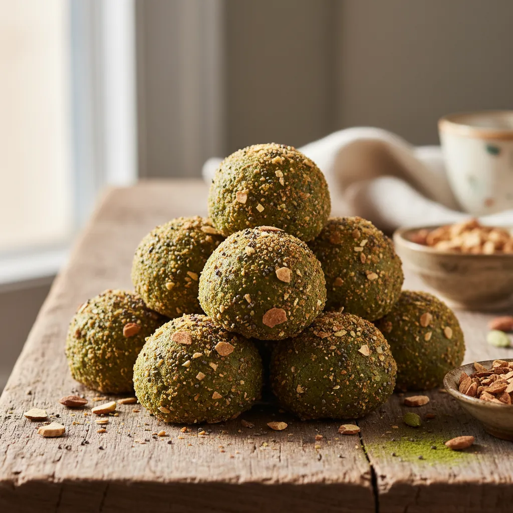 Matcha Chia Energy Bites with Spiced Almond Coating