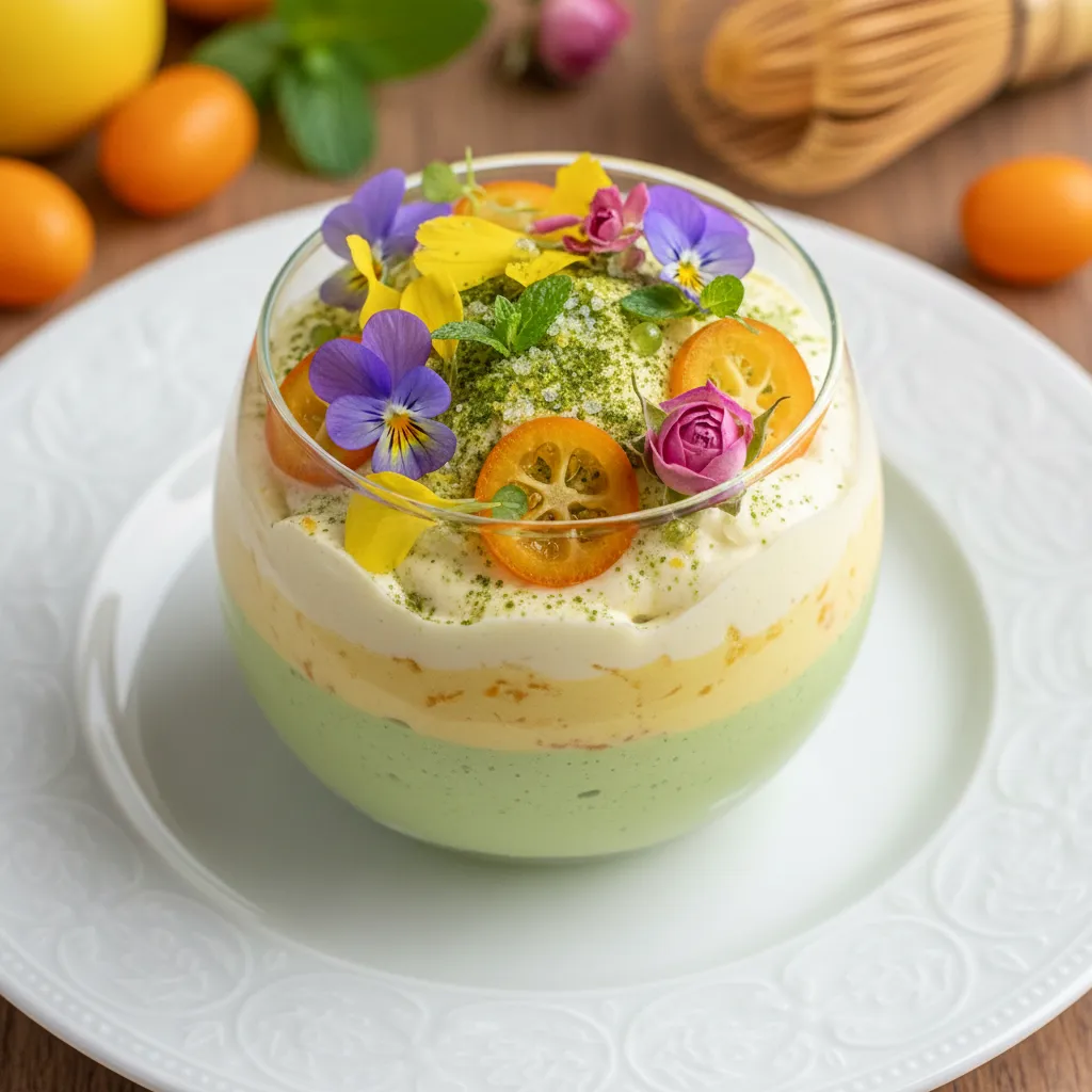 Matcha Citrus Mousse with Edible Flower Garnish
