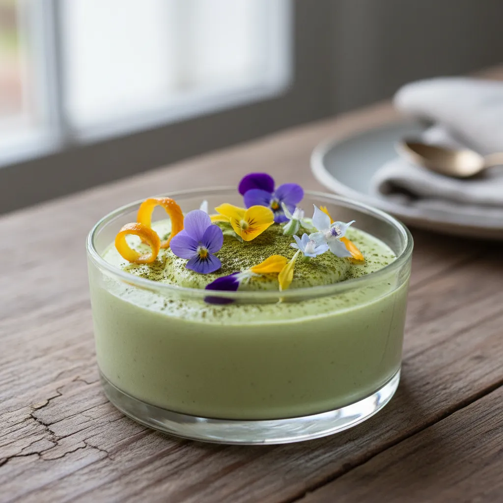 Matcha Citrus Mousse with Edible Flower Garnish