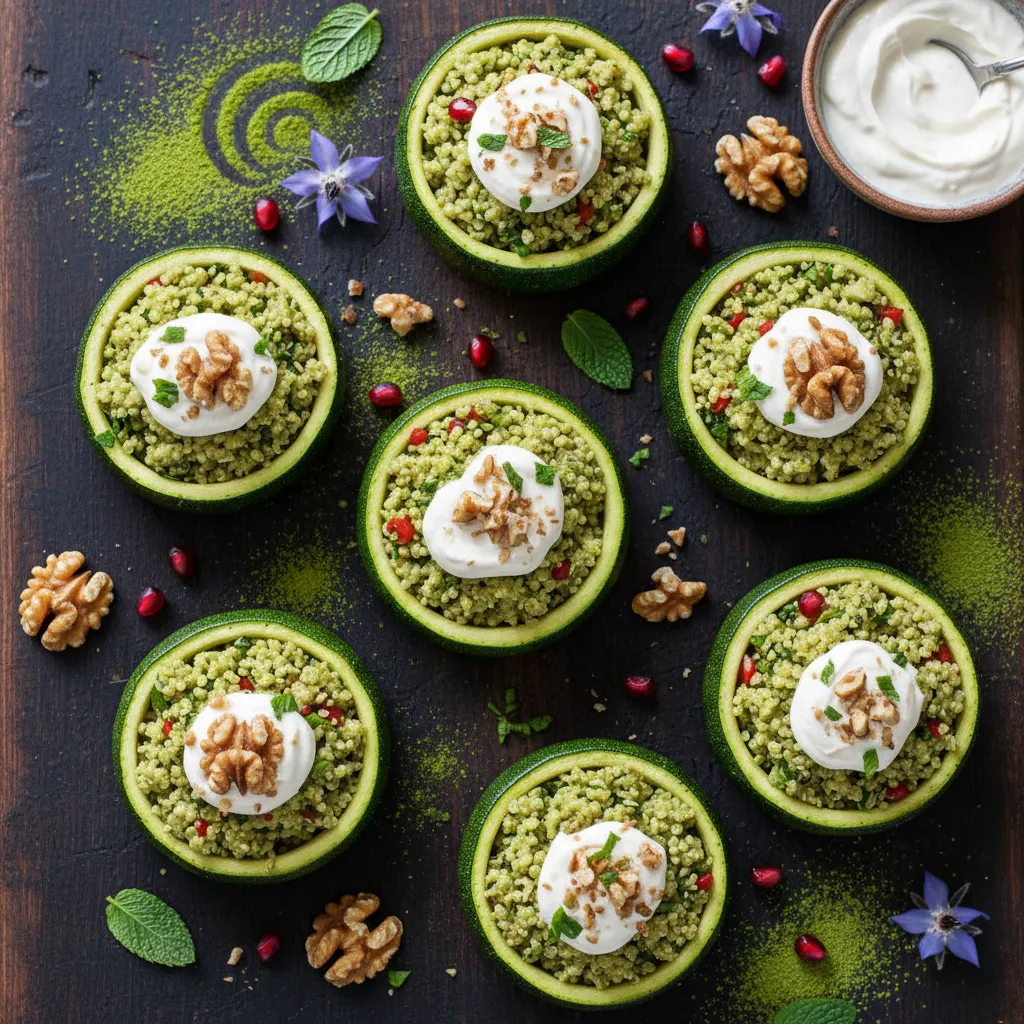 Matcha Quinoa Stuffed Zucchini Cups with Walnut Cream