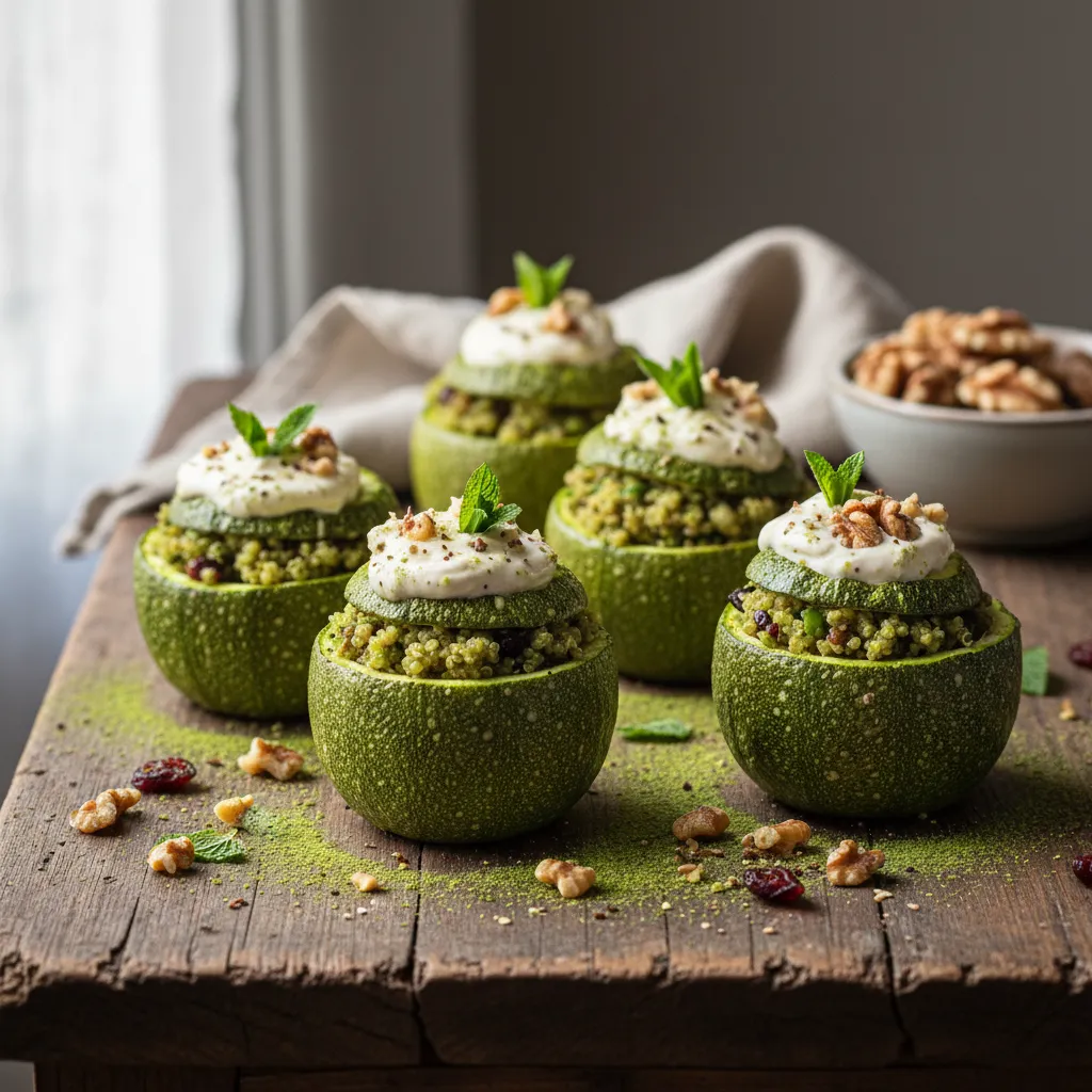 Matcha Quinoa Stuffed Zucchini Cups with Walnut Cream