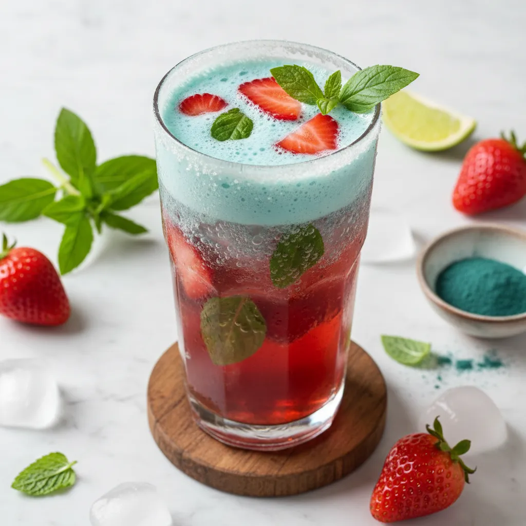 Minted Strawberry Basil Sparkler with Spirulina Boost