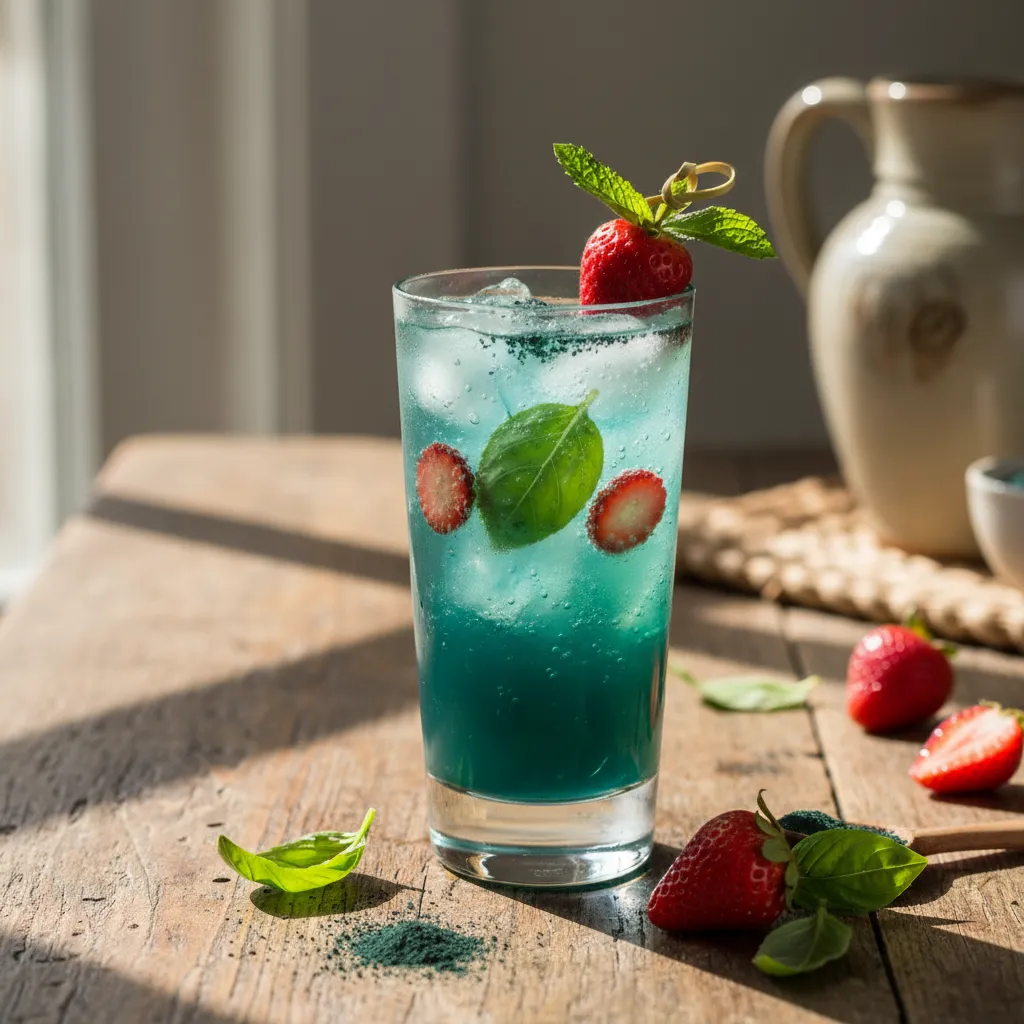 Minted Strawberry Basil Sparkler with Spirulina Boost