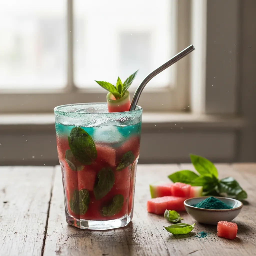 Minted Watermelon Basil Spritzer with Spirulina