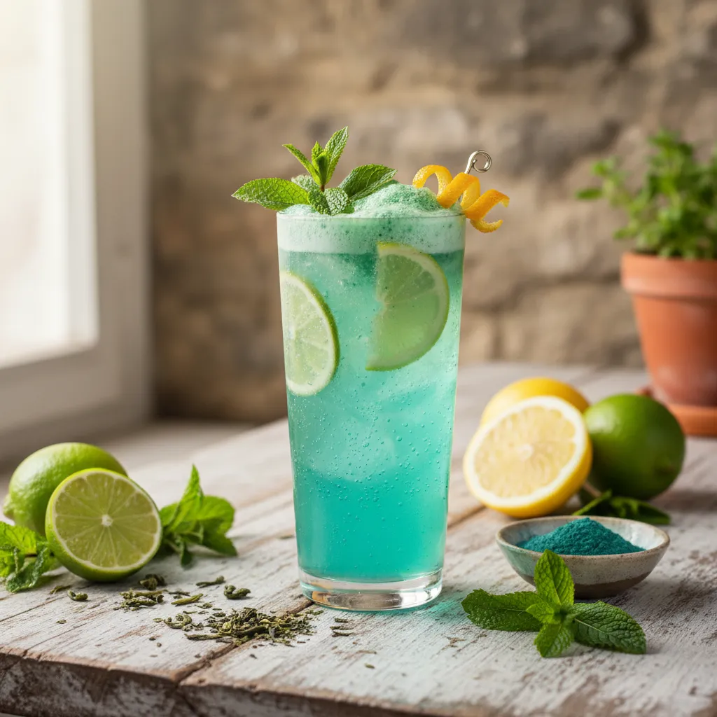 Minty Green Tea Citrus Spritzer with Spirulina