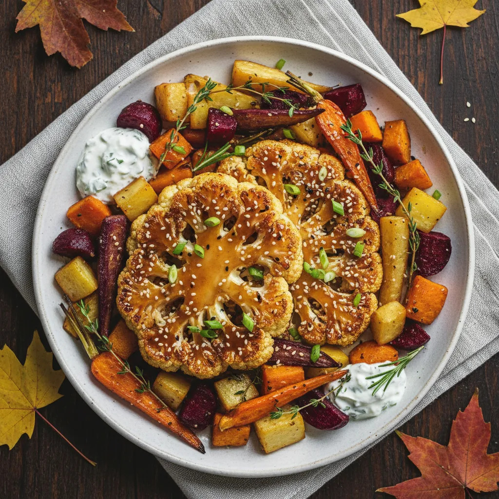 Miso-Glazed Cauliflower Steaks with Autumn Root Veggie Medley