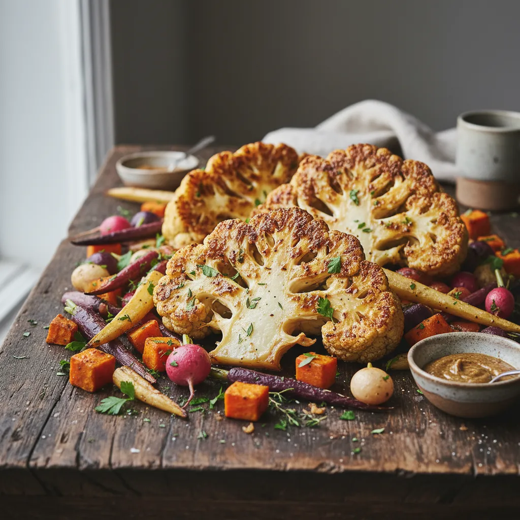Miso-Glazed Cauliflower Steaks with Autumn Root Veggie Medley