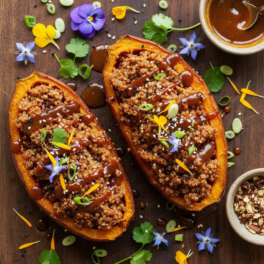 Miso-Glazed Quinoa-Stuffed Sweet Potatoes with Edible Flowers