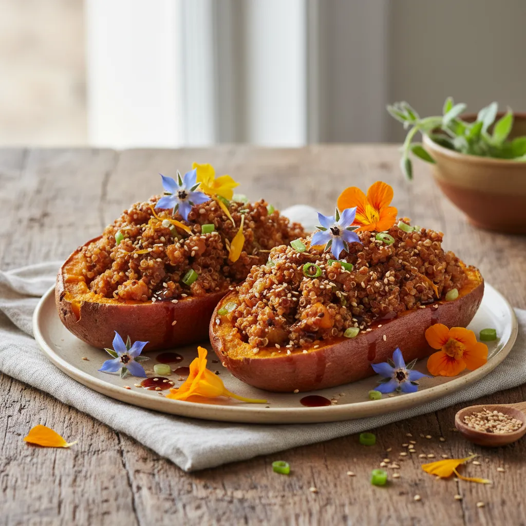 Miso-Glazed Quinoa-Stuffed Sweet Potatoes with Edible Flowers