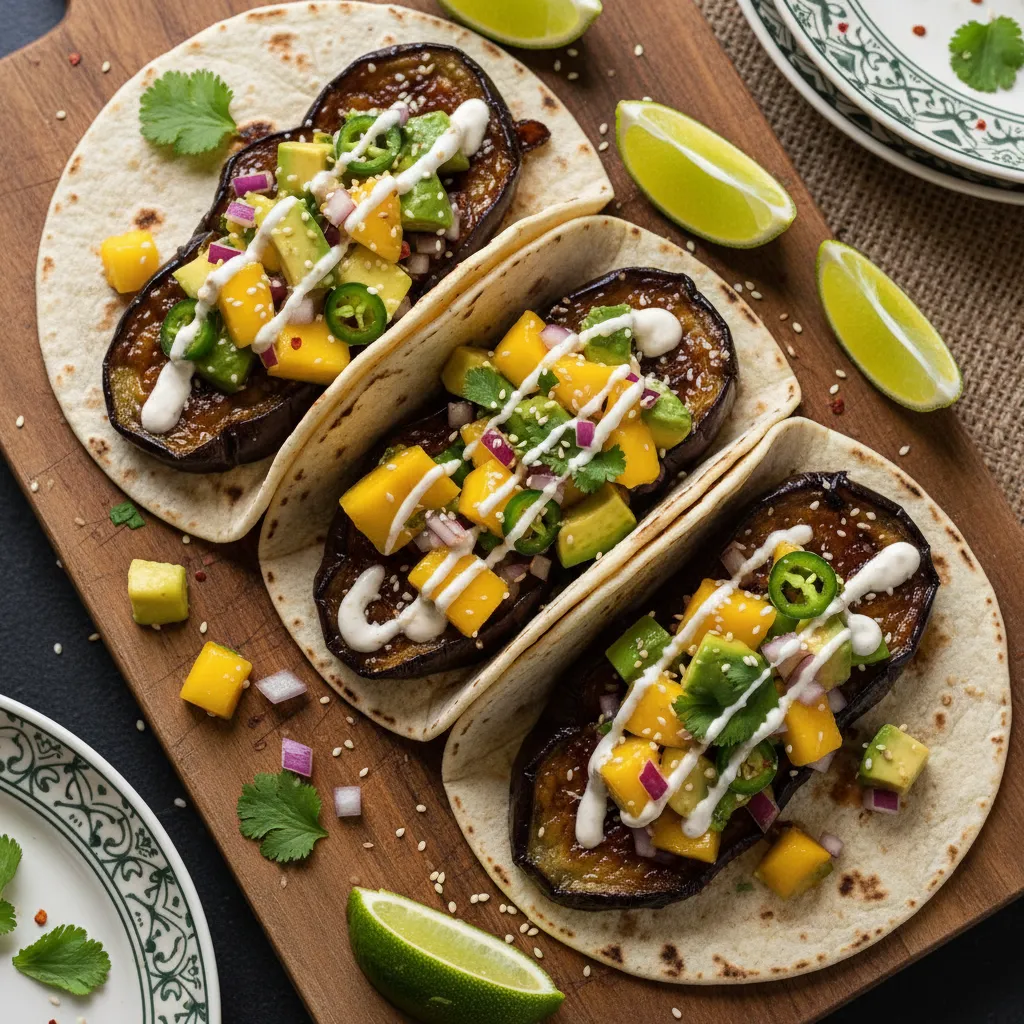 Miso Glazed Eggplant Tacos with Avocado Mango Salsa