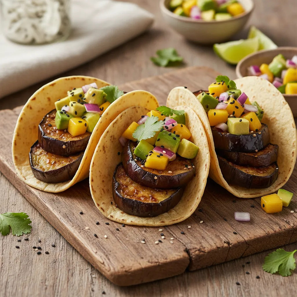 Miso Glazed Eggplant Tacos with Avocado Mango Salsa