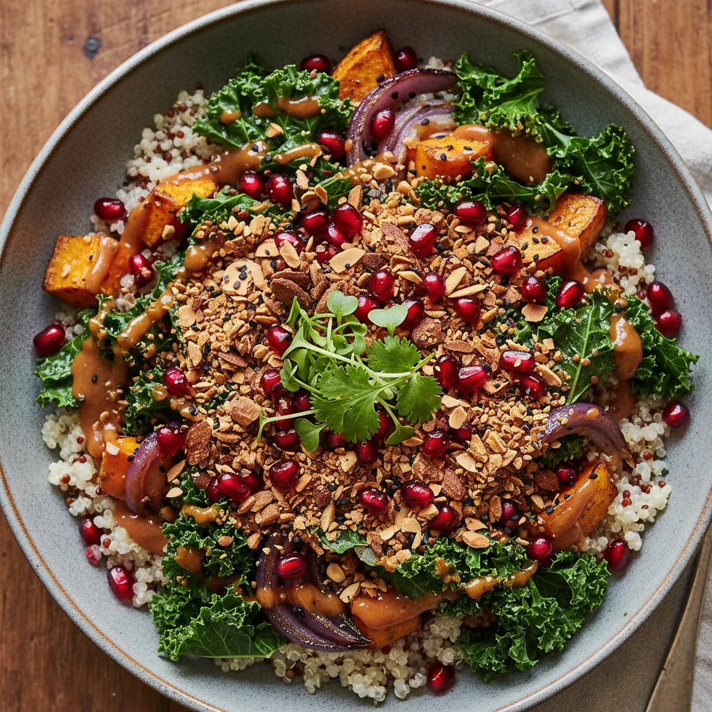 Miso Glazed Winter Kale and Quinoa Bowl with Pomegranate Crunch