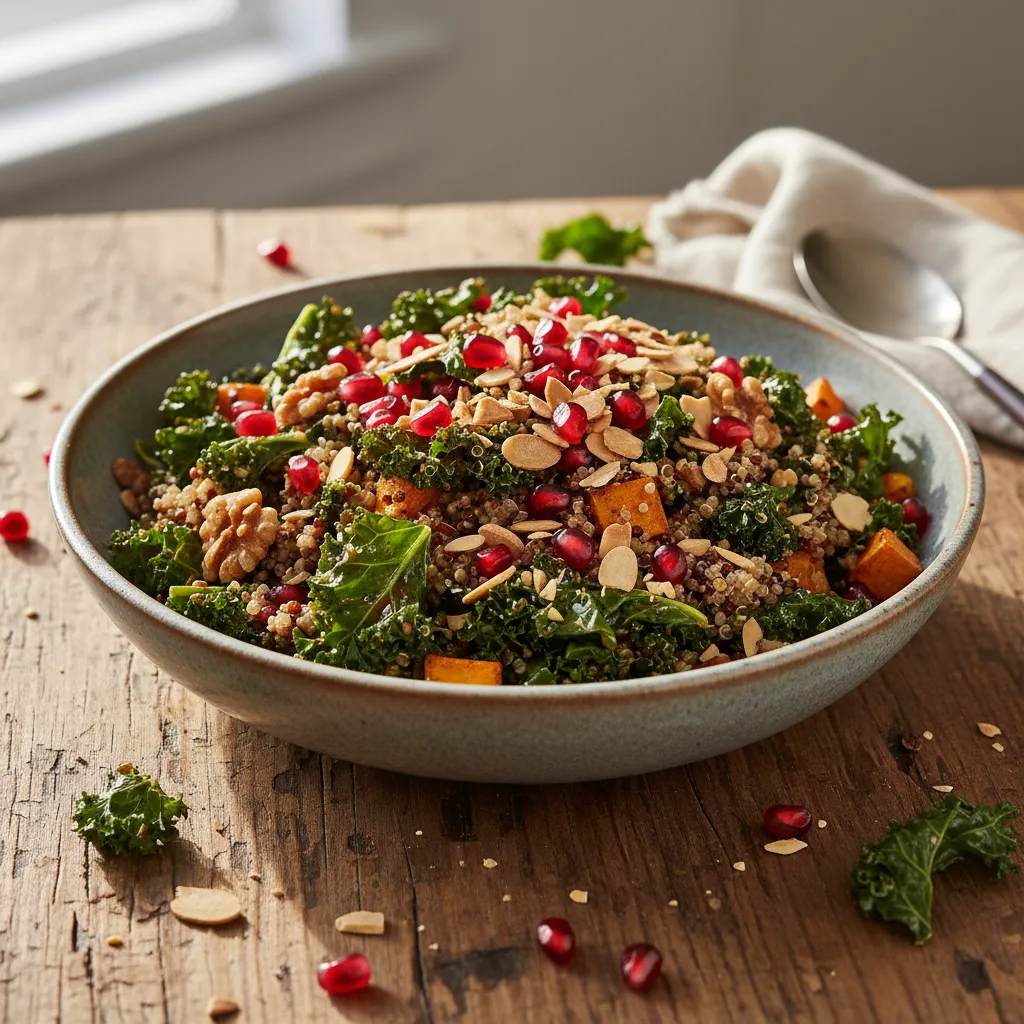 Miso Glazed Winter Kale and Quinoa Bowl with Pomegranate Crunch