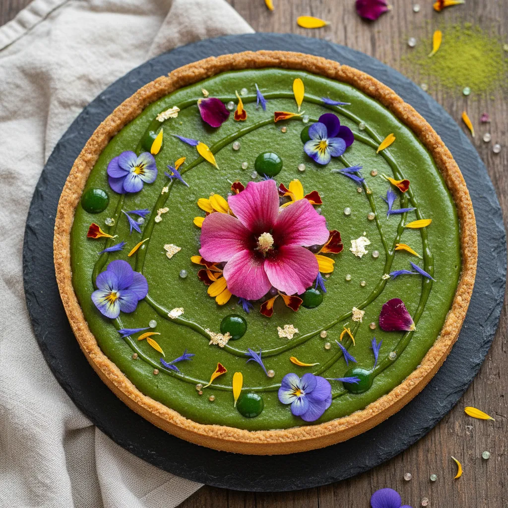 Mystical Matcha Tart with Edible Flower Garnish