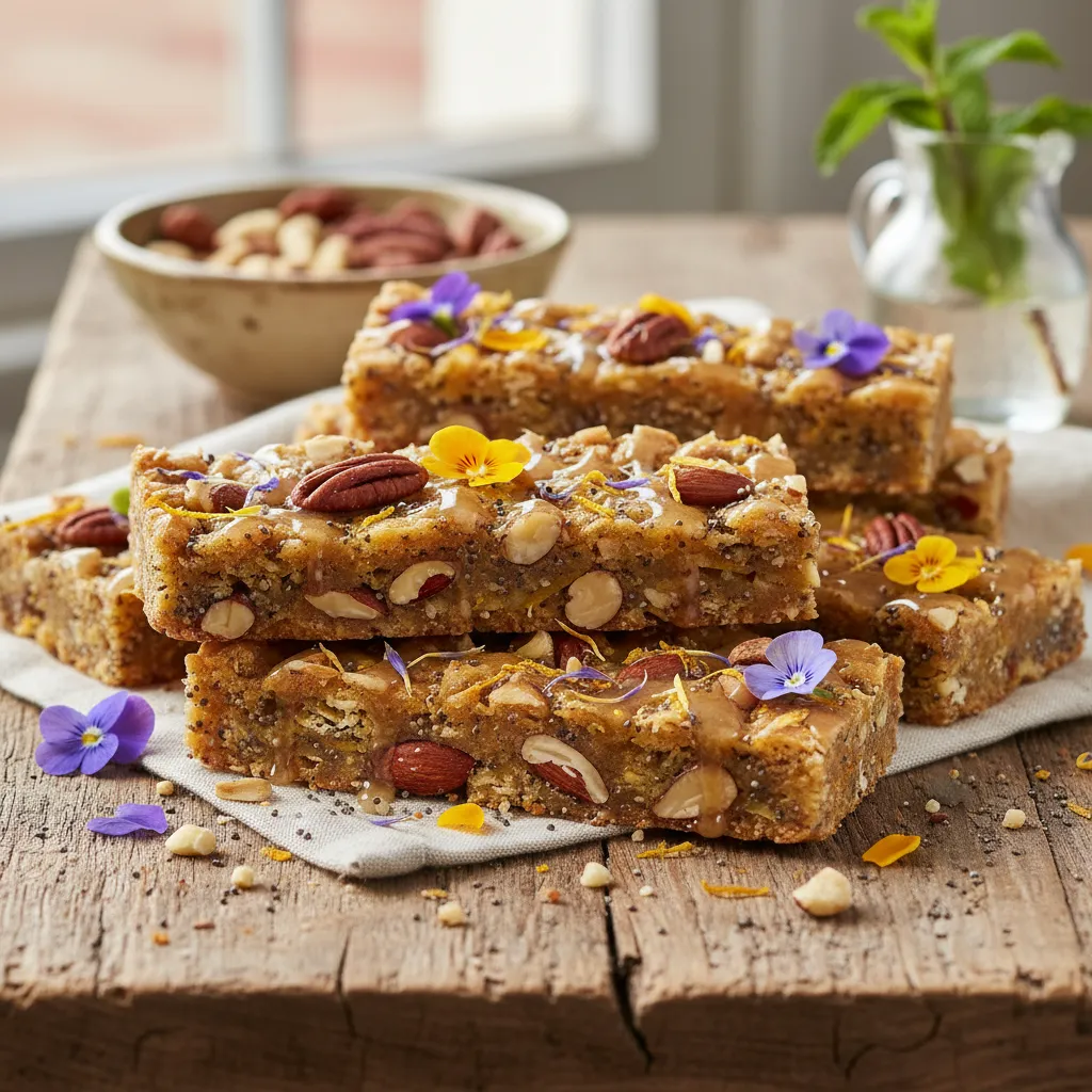 Nutty Maple Citrus Bliss Chia Bars with Edible Flowers
