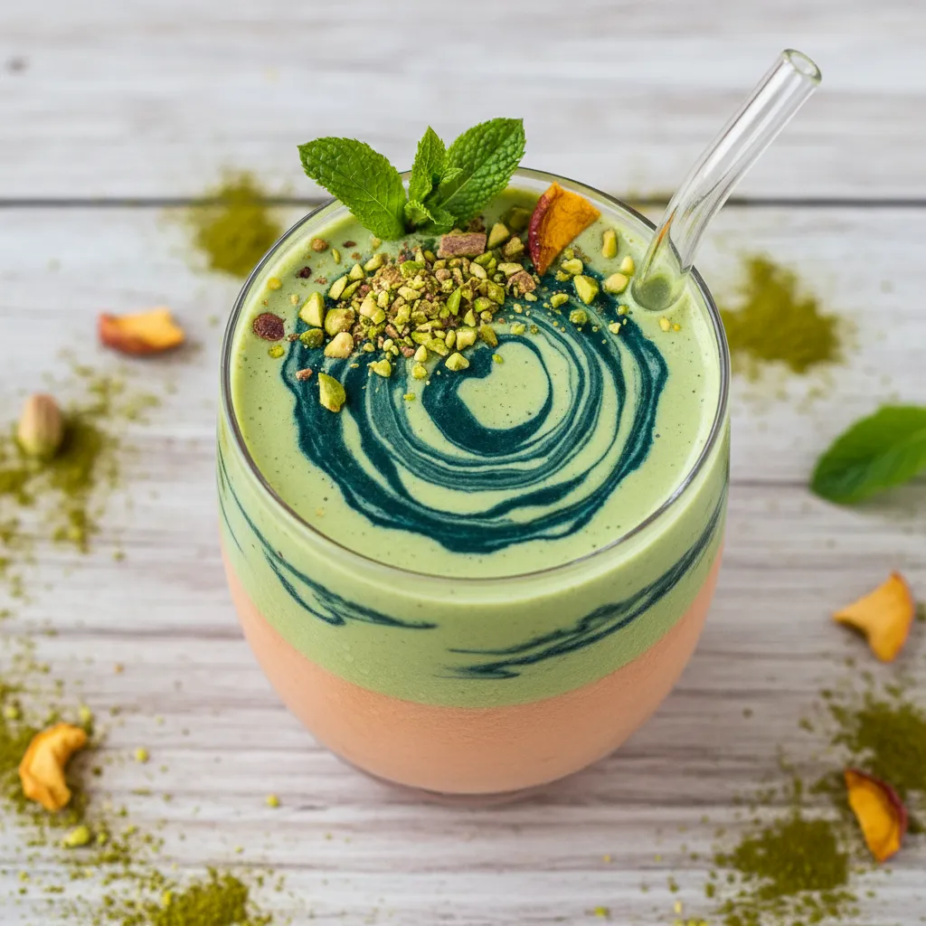 Peachy Matcha Smoothie Elixir with Spirulina Swirl