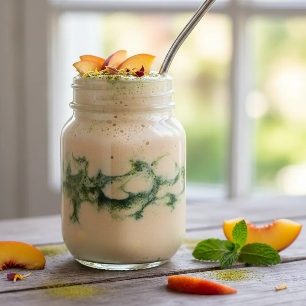 Peachy Matcha Smoothie Elixir with Spirulina Swirl