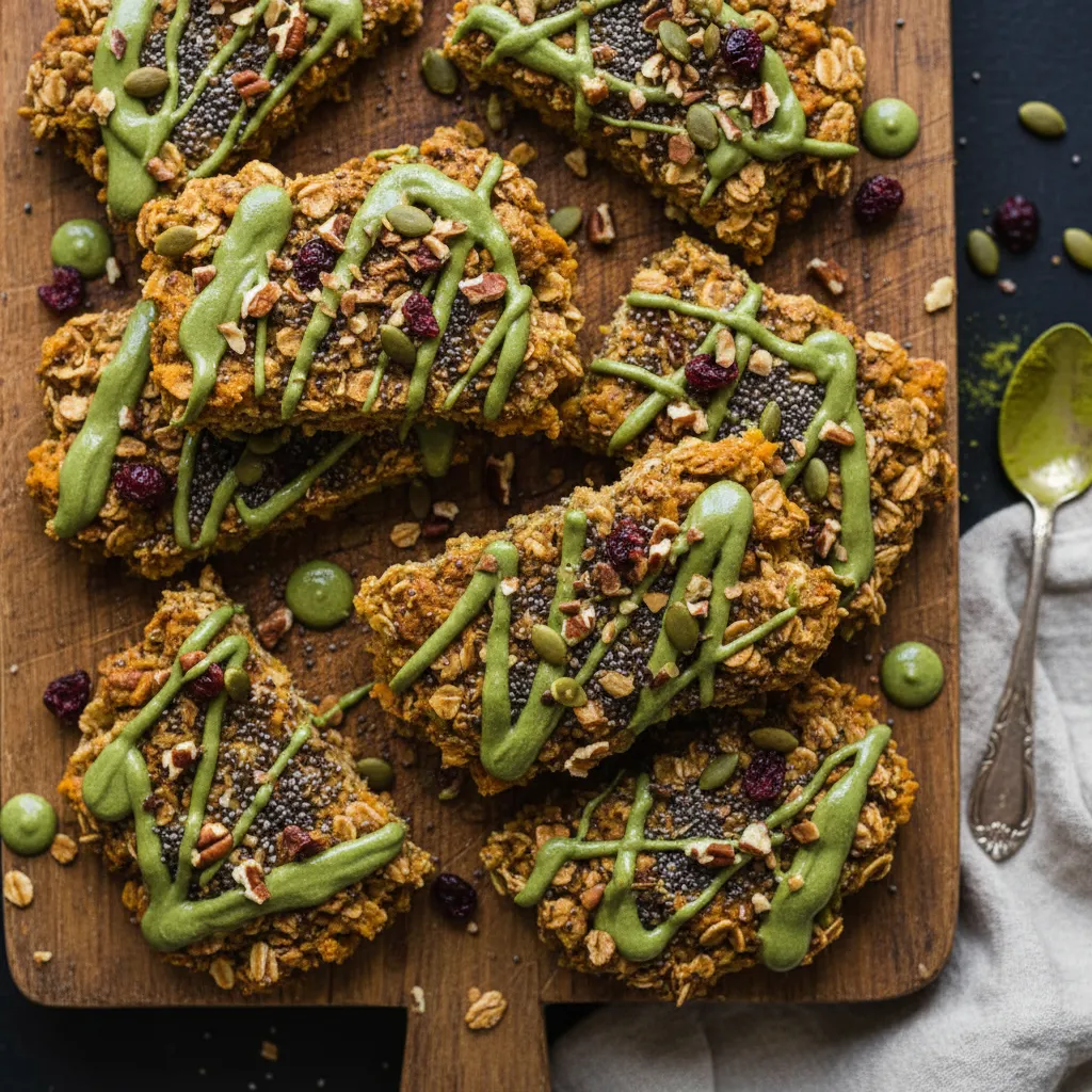 Pumpkin Spice Avocado Oat Energy Bars with Matcha Drizzle