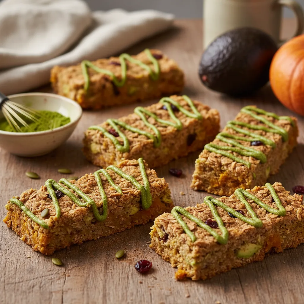 Pumpkin Spice Avocado Oat Energy Bars with Matcha Drizzle