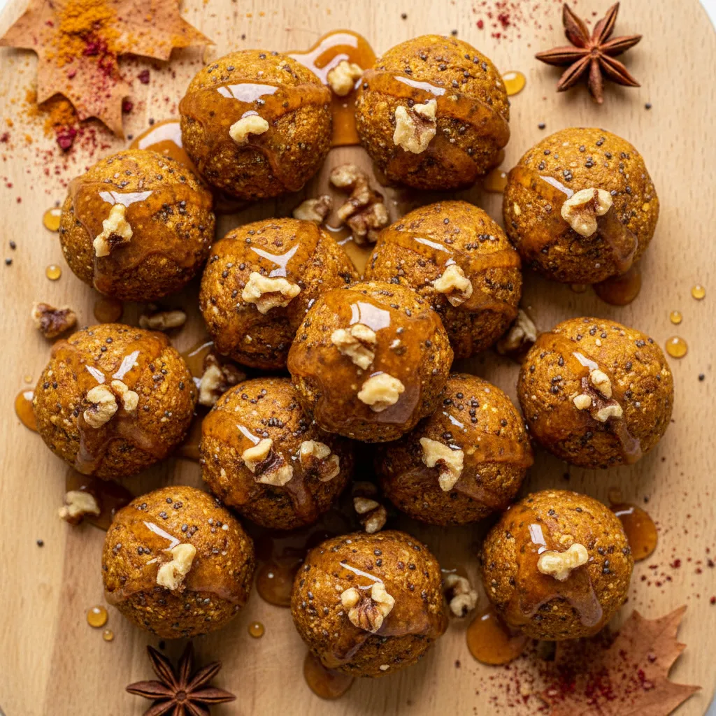 Pumpkin Spice Chia Bliss Bites with Maple-Walnut Drizzle