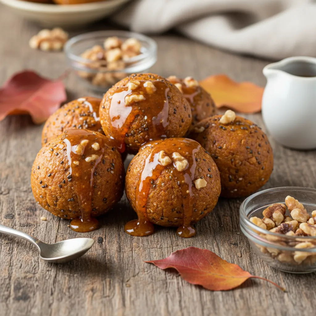 Pumpkin Spice Chia Bliss Bites with Maple-Walnut Drizzle