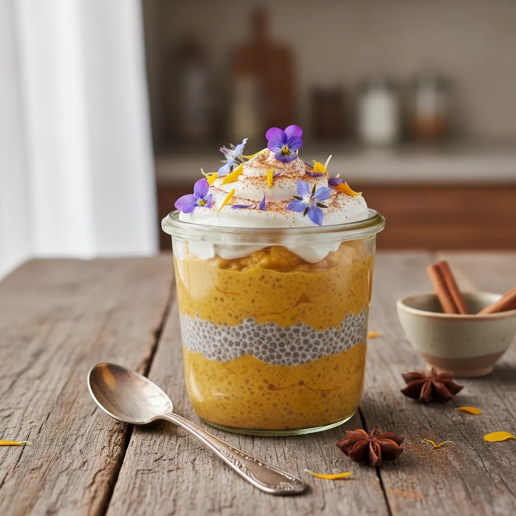 Pumpkin Spice Chia Pudding Delight with Edible Flowers
