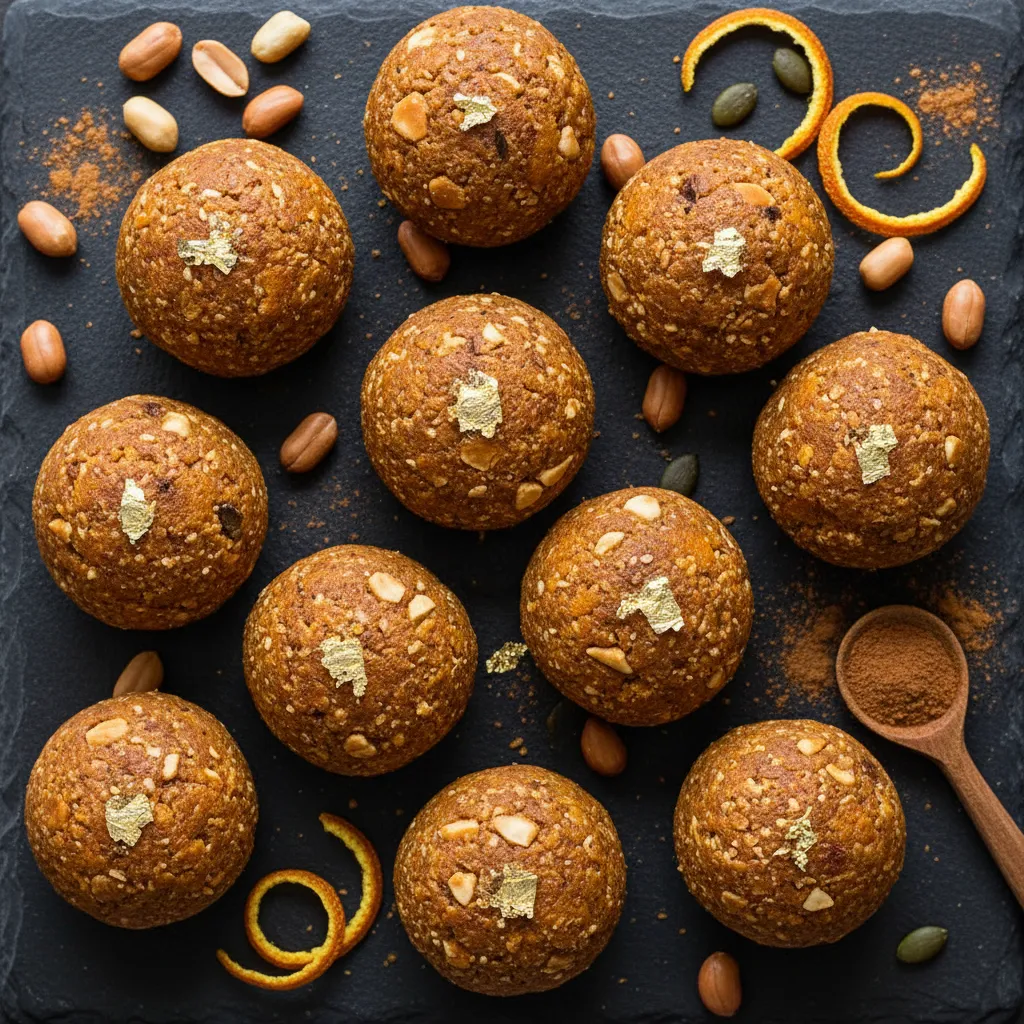 Pumpkin Spice Peanut Butter Energy Bites with Edible Gold Leaf
